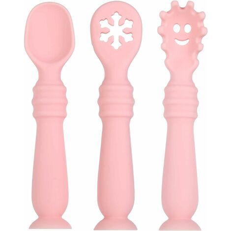 Cuillère en Silicone pour Bébé,3pcs Cuillères Bébé Apprentissage Ustensile D'apprentissage Adapté à Dentition Première Étape Recommandé par Les Experts Sevrage （rose）