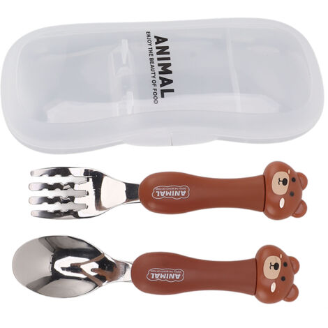 Cuillère Fourchette Bébé en Acier Inoxydable - Set de Couverts Animaux Portables pour Enfants, Apprentissage Manger avec Design Petit Ours