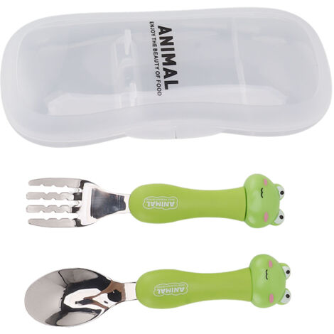 Cuillère Fourchette Bébé en Acier Inoxydable, Ustensiles pour Enfants Animaux Portables, Apprentissage Manger Grenouille