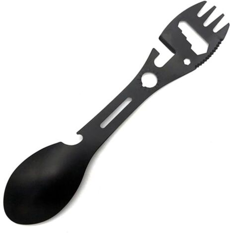 Cuillère Multifonction Acier Inoxydable - 1 Pièce - Titane Noir - Ouvre-Boîte Clé - Camping Randonnée