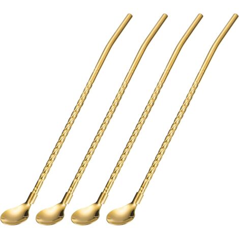 Cuillère-Paille En Acier Inoxydable - Diamètre 5 mm - Longueur 218 mm - Pour Milk-Shakes Cocktails Thés Glacés - Lot De 4