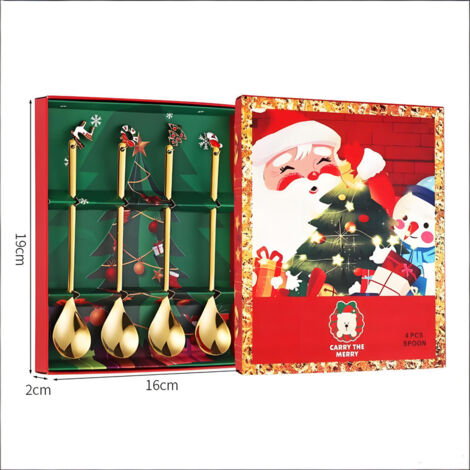 Cuillères à Café avec Pendentif, Set Cadeau de Noël de 4 Pièces en Inox 430, Présenté en Boîte Cadeau pour une Attention Élégante