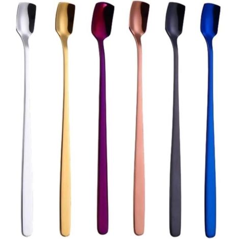 Cuillères à café - Lot de 6 - Acier inoxydable - Longue poignée - Colorées - Compatibles lave-vaisselle