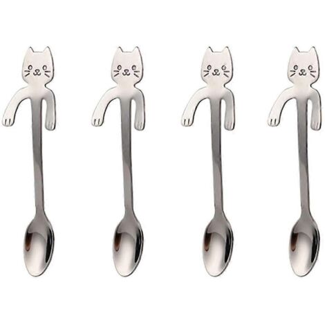 Cuillères à café miniatures en forme de chat (lot de 4) pour les amoureux des chats - Desserts, boissons, mélanges, milkshakes, thé - Petite vaisselle en acier inoxydable (argenté)
