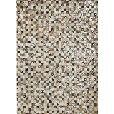 CUIR EXTRA SILVER - Tapis recyclé cuir motif damier gris clair 160x230