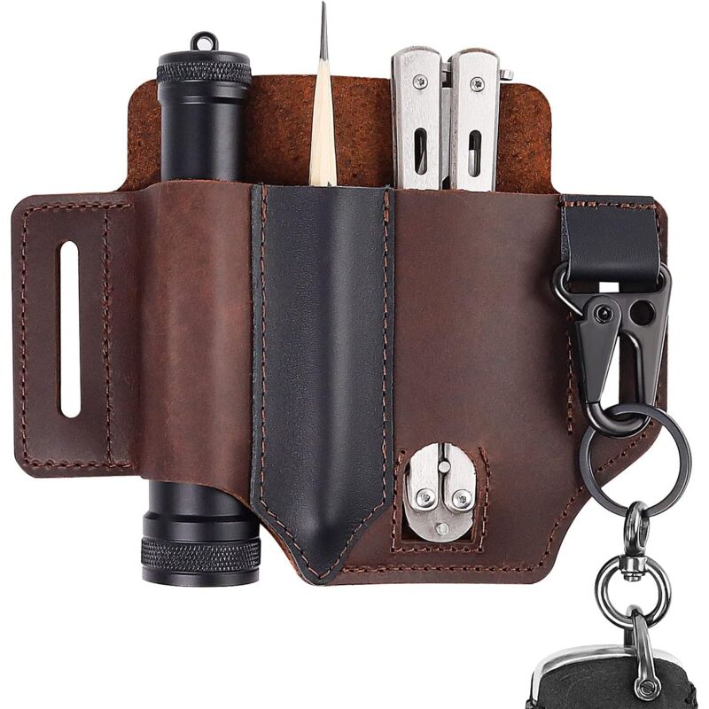 Cuir Gaine, Cuir Marron Foncé Organisateur, Ceinture étui en Cuir de Vachette, 3 Poches de Rangement et un Mousquetone