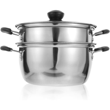 Cuiseur Vapeur - 2 Paniers - Acier Inoxydable - Couvercle Verre - Induction Gaz - Diamètre 18 Cm