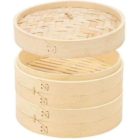 Cuiseur vapeur en bambou à 2 niveaux pour riz naturel chinois avec couvercle (22 cm)