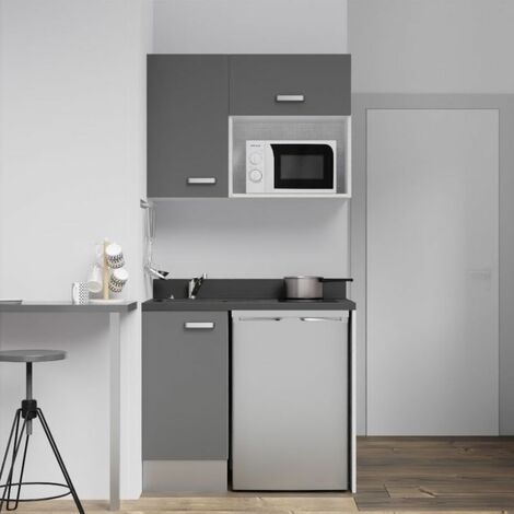 Cuisibane – Kitchenette 100 cm avec évier à gauche – Emplacements frigo top et micro-ondes – PlaniQuartz durable – Idéal pour petits espaces