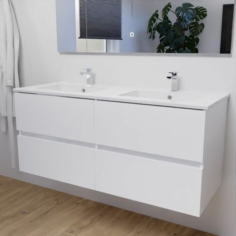 Cuisibane – Meuble double vasque 120 cm – Plan vasque en céramique – 4 tiroirs à sortie totale – Caisson blanc brillant suspendu