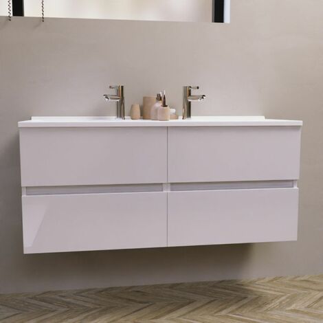 Cuisibane – Meuble double vasque 120 cm – Plan vasque en résine – 4 tiroirs avec sortie totale – Installation suspendue pour salle de bain