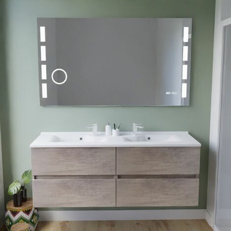Cuisibane – Meuble double vasque 140 cm – 2 caissons 70 cm – Plan vasque en résine – Miroir LED 140 cm – Éclairage 1200 lumens – Installation murale