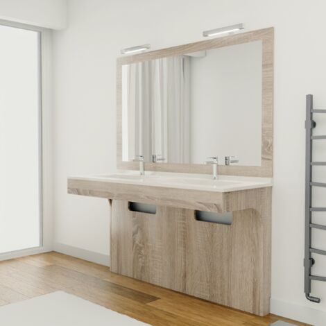 Cuisibane – Meuble double vasque 140 cm avec miroir LED – Corps en panneaux mélaminés cambrian oak – Plan en résine avec trop plein moulé