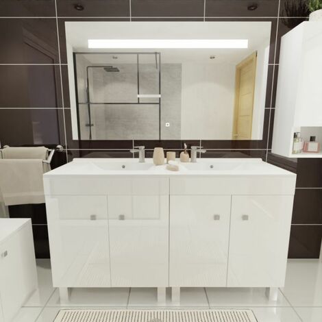 Cuisibane – Meuble double vasque 140 cm – Plan vasque en résine – Miroir LED 80 cm – 2 caissons en mélaminé blanc – Hauteur 83 cm - ht80-