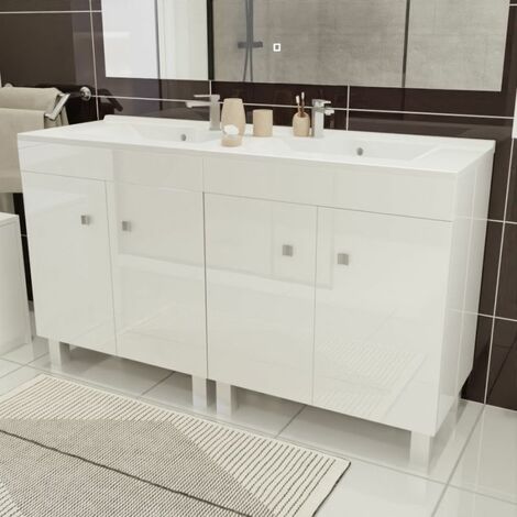 Cuisibane – Meuble double vasque en résine sur pieds 140 cm – 2 caissons de 70 cm – 4 portes – Blanc brillant – Pour salle de bain moderne