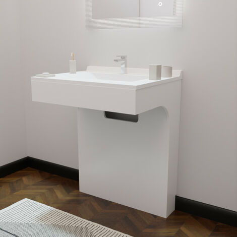 Cuisibane – Meuble double vasque PMR 70 cm – Finition laquée blanc brillant – Corps MDF 16 mm – Siphon déporté recommandé pour fauteuil roulant