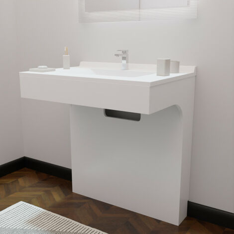 Cuisibane – Meuble double vasque PMR 80 cm – Finition laquée blanc brillant – Siphon déporté pour fauteuil roulant – Corps MDF 16 mm