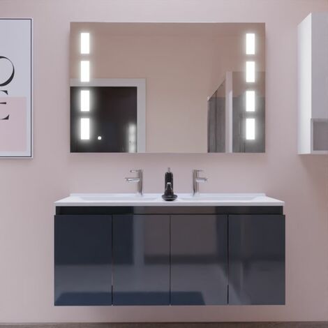 Cuisibane – Meuble double vasque suspendu 120 cm – Plan vasque en résine avec trop plein – Miroir LED Prestige – Dimensions 120x46 cm