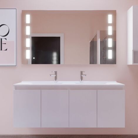 Cuisibane – Meuble double vasque suspendu 140 cm – Plan en résine avec trop plein – Miroir LED intégré Prestige – Installation suspendue ou sur pieds