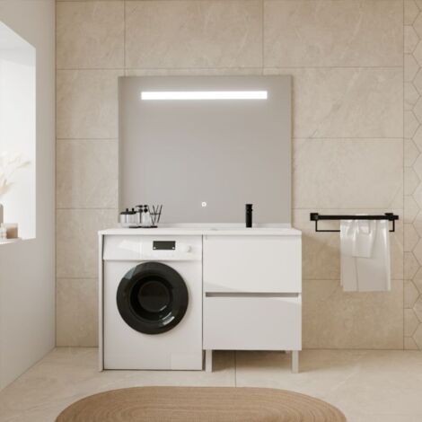 Cuisibane – Meuble lave-mains avec miroir LED Élégance – Largeur 124 cm – Vasque déportée à droite – 2 tiroirs de rangement – Installation murale - h105-