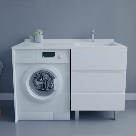 Cuisibane – Meuble lave-mains avec plan vasque déportée 124 cm x 65 cm – Blanc – 3 tiroirs avec amortisseurs – Fabrication européenne