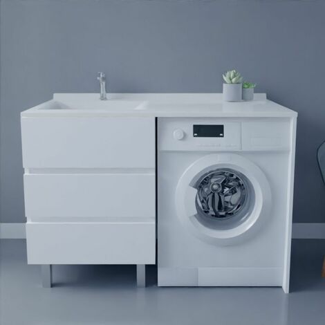 Cuisibane – Meuble lave-mains avec plan vasque déportée 124 cm x 65 cm – Blanc laqué – 3 tiroirs avec amortisseurs – Fabrication européenne