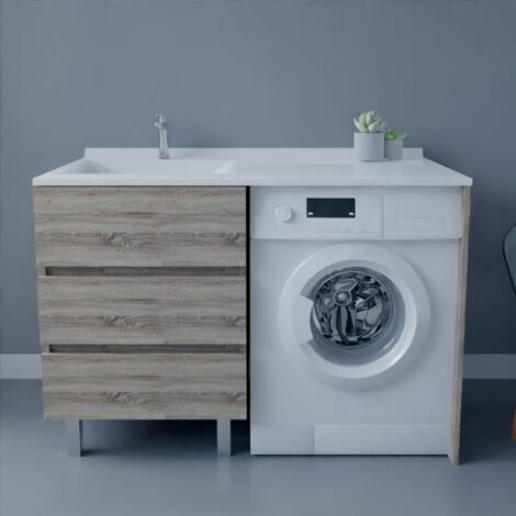 Cuisibane – Meuble lave-mains avec plan vasque déportée 124 cm x 65 cm – Bois – 3 tiroirs avec amortisseurs – Fabrication européenne