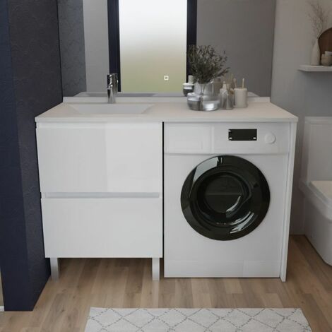 Cuisibane – Meuble lave-mains avec vasque déportée gauche 124 cm x 65 cm – 2 tiroirs de rangement – Blanc brillant – Montage facile