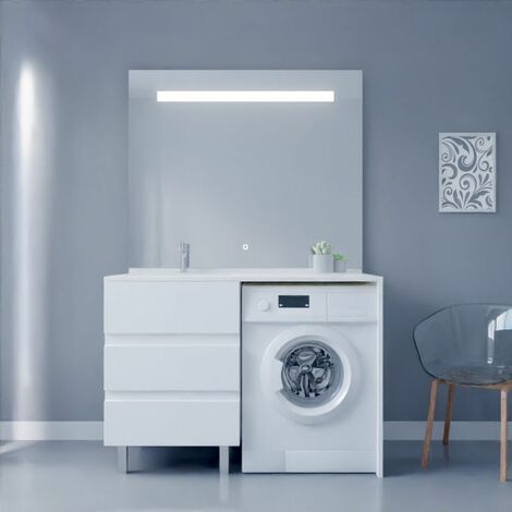Cuisibane – Meuble machine à laver avec plan vasque déportée – Miroir LED 124 cm – Blanc laqué – Espace lave-linge 62 cm de large
