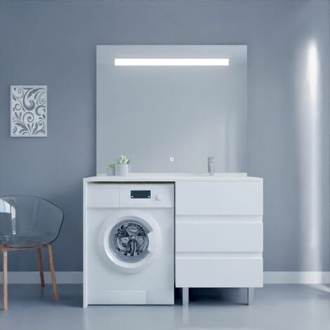 Cuisibane – Meuble machine à laver KORA – Plan vasque déportée 124 cm – Miroir LED 1000 lumens – Blanc laqué – Espace lave-linge 62x85 cm
