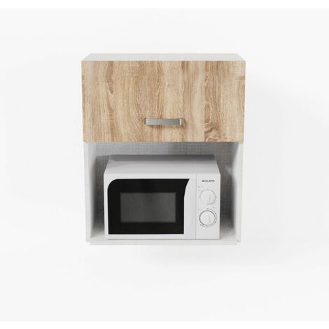 Cuisibane – Meuble micro-ondes 60 cm – Bois chêne structuré – Niche 56 cm largeur – Hauteur 70 cm – Porte relevable avec vérin à gaz