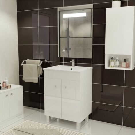 Cuisibane – Meuble salle de bain 60 cm avec plan simple vasque en céramique – 2 portes – Blanc brillant – Caisson monté – Dimensions 61x46,5 cm