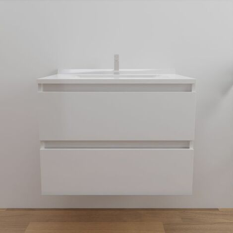 Cuisibane – Meuble salle de bain 70 cm avec vasque simple en résine – Caisson MDF laqué blanc – 2 tiroirs avec amortisseurs intégrés