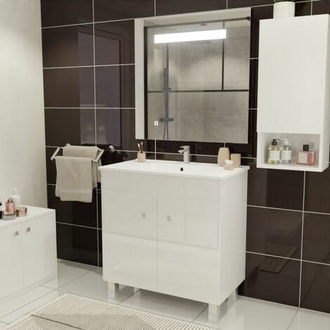 Cuisibane – Meuble salle de bain 80 cm avec plan vasque simple en céramique – 2 portes et 4 pieds en PVC – Miroir éclairant 600 lumens – Blanc - ht80-