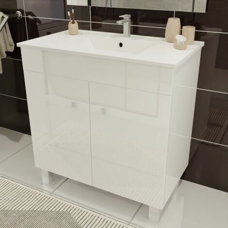 Cuisibane – Meuble salle de bain sur pieds 80 cm – Vasque simple en céramique blanc brillant – Caisson monté pour installation facile – Rangement optimisé