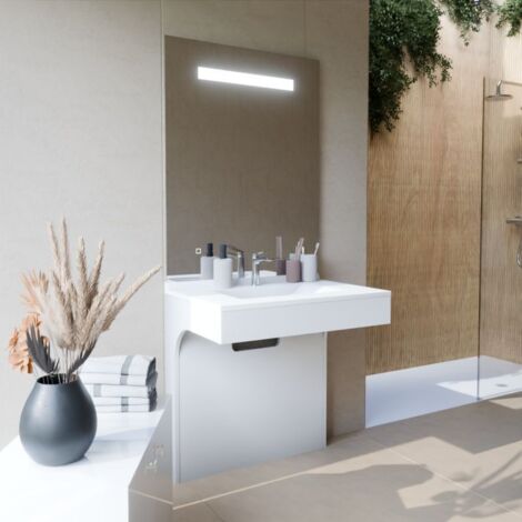 Cuisibane – Meuble vasque PMR 80 cm avec miroir LED 600 lumens – Finition laquée blanc brillant – Siphon déporté pour fauteuil roulant - ht105