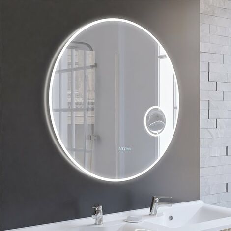 Cuisibane – Miroir lumineux de salle de bain rond 80 cm – Éclairage LED 1900 lumens – Interrupteur sensitif – Anti-buée et loupe x5