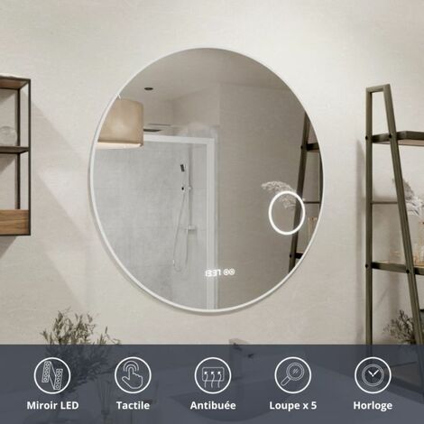 Cuisibane – Miroir lumineux rond 60 cm – Interrupteur sensitif – Système anti-buée – Horloge intégrée – Loupe grossissante x5 – Éclairage LED 1400 lumens