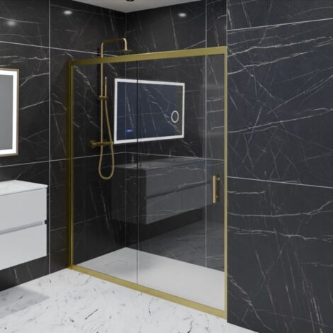 Cuisibane – Paroi de douche coulissante 170 cm – Verre trempé 6 mm – Cadre doré en aluminium – Système Stop Water pour étanchéité