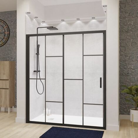 Cuisibane – Paroi de douche coulissante effet verrière 170 cm – Verre trempé 6 mm – Aluminium noir mat – Système Stop Water étanche