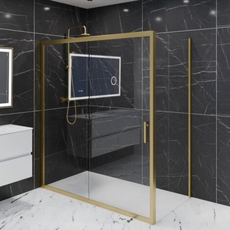 Cuisibane – Paroi de douche d'angle 170 cm x 90 cm – Verre trempé 6 mm – Aluminium or brossé – Système Stop Water pour étanchéité