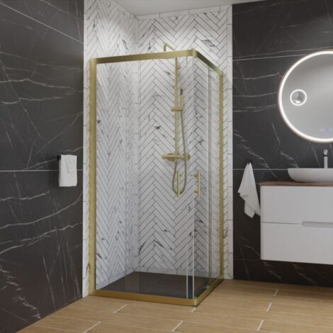 Cuisibane – Paroi de douche d'angle 90 cm x 90 cm – Cadre aluminium or brossé – Verre trempé sécurit avec traitement anticalcaire – Système Stop Water
