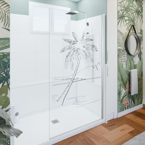 Cuisibane – Paroi de douche en verre transparent 110 cm – Épaisseur 8 mm – Traitement anticalcaire – Sérigraphie palmier – Profilé chromé 200 cm