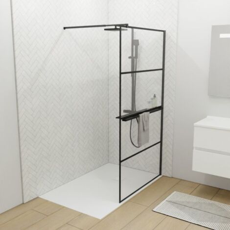 Cuisibane – Paroi de douche fixe 100 cm – Verre trempé 8 mm anticalcaire – Profilé noir mat – Étagère et porte-serviettes inclus