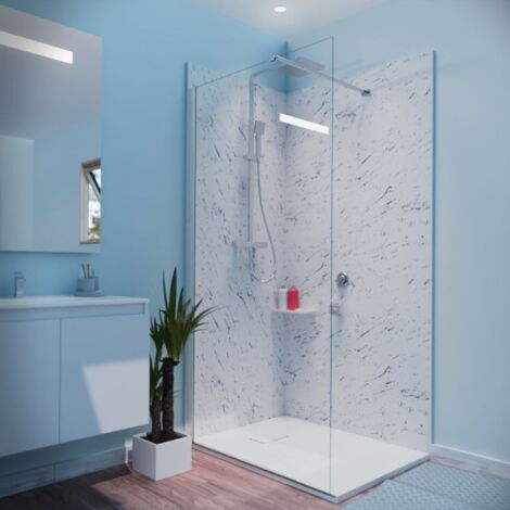 Cuisibane – Paroi de douche fixe 100x200 cm – Verre trempé anticalcaire 8 mm – Système Stop Water pour étanchéité – Barre de soutien inox fournie