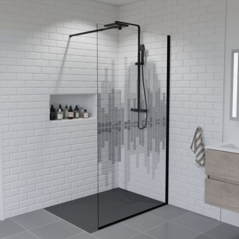 Cuisibane – Paroi de douche fixe 110 cm x 200 cm – Verre trempé 8 mm anticalcaire – Profilé noir – Motif Manhattan inspiré des gratte-ciels