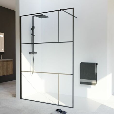 Cuisibane – Paroi de douche fixe 140 cm – Verre trempé 8 mm – Profilé aluminium noir mat – Système Stop Water pour étanchéité optimale