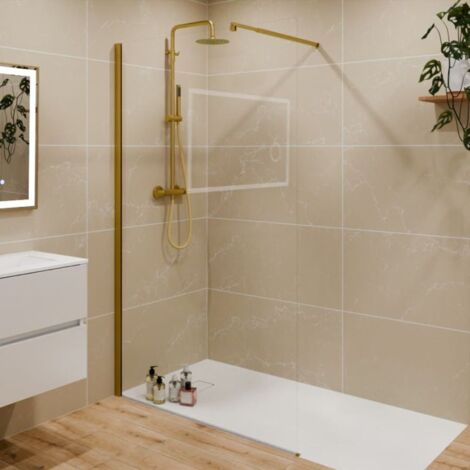 Cuisibane – Paroi de douche fixe dorée 120 cm x 200 cm – Verre trempé 8 mm anticalcaire – Profilé alu couleur or – Système Stop Water