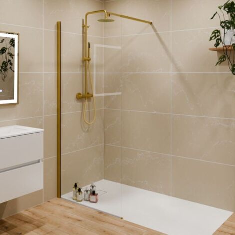 Cuisibane – Paroi de douche fixe dorée 90 cm x 200 cm – Verre trempé 8 mm anticalcaire – Système Stop Water pour étanchéité optimale