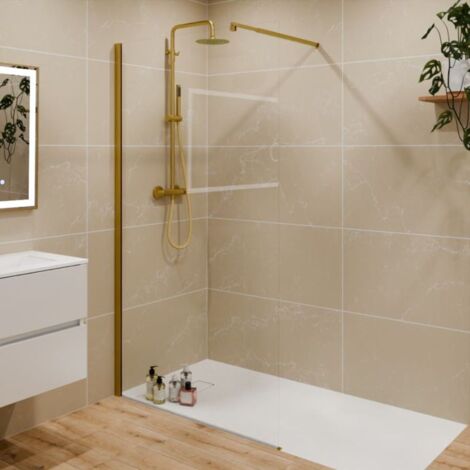 Cuisibane – Paroi de douche fixe en verre trempé 8 mm – Profilé alu doré – Hauteur 200 cm, largeur 110 cm – Système Stop Water anticalcaire